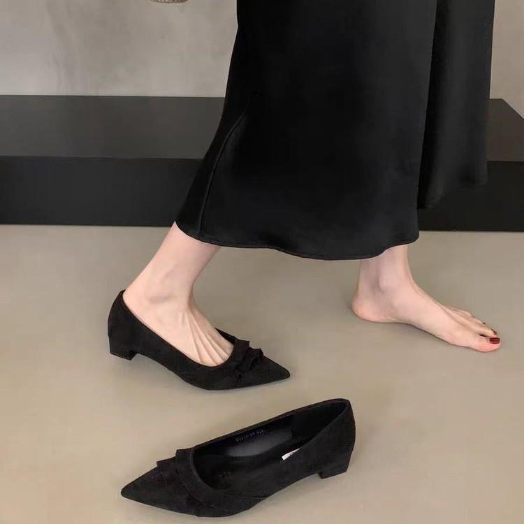 2025 autumn retro ruffle edge suede thick heel niche foot set versatile commuter work professional women's single shoes