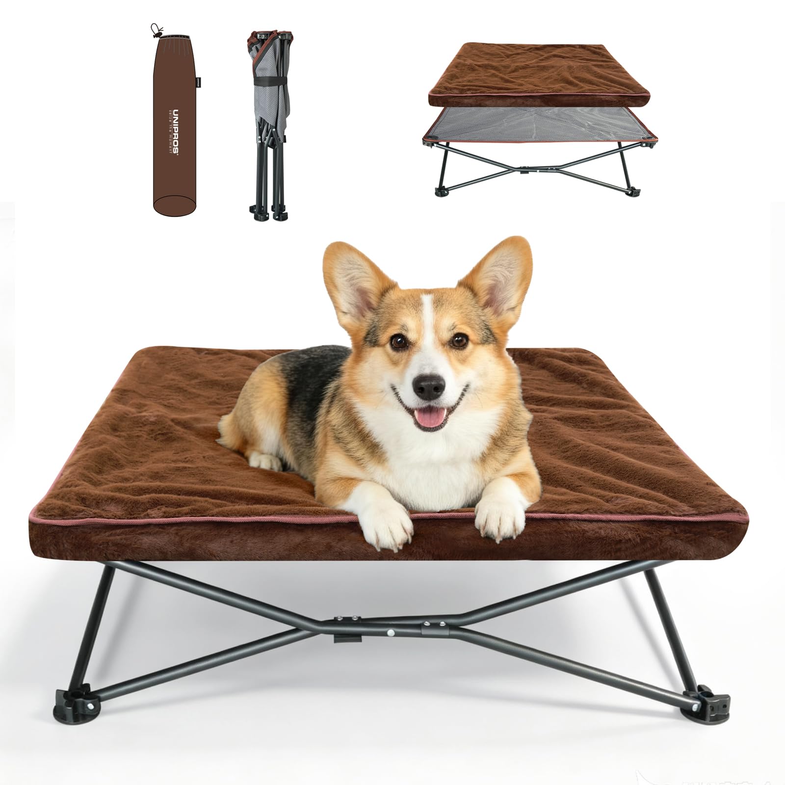 UNP Dog Cot Pet Cot Dog Bed Foldable Cushioned Washable Warm Outdoor Camping Bed Compact Storage Lightweight Breathable Small to Medium Dogs Cats Pet коричневый