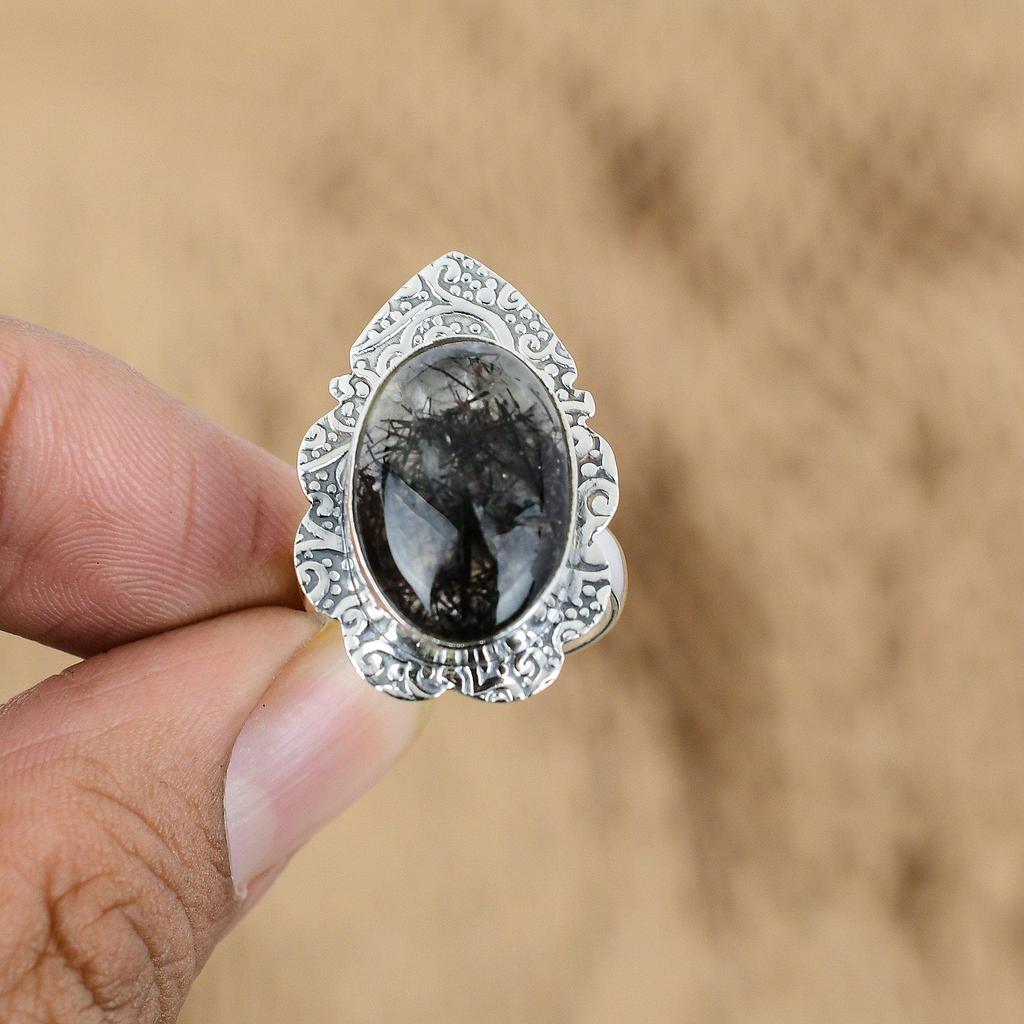 Mothers Day Deal Sterling Silver Oval Black Rutile Stone Promise Ring Jewelry
