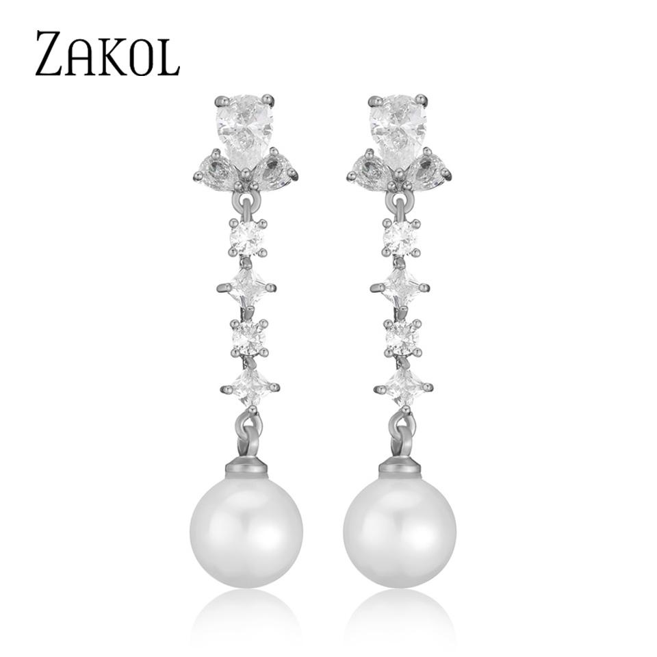ZAKOL Elegant Zircon Long Drop Earring for Women Luxury Glamor Bridal Earring Shiny Zircon Wedding Zircon