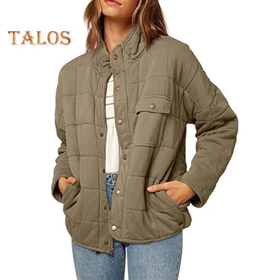 Lady Winter Coat Stand Collar Neck Protection Padded Thick Solid Color Long Sleeves Chest Pocket Button-down Cardigan Daily Commute Travel Jacket