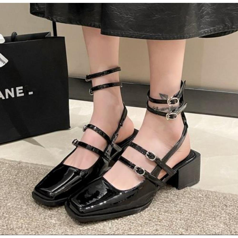 

Designer Faux Patent Finish High-heel Shoes with Straps Slingback Pumps for Women Mary Jane Lovey Square Toe Block Pumps 40 чёрный