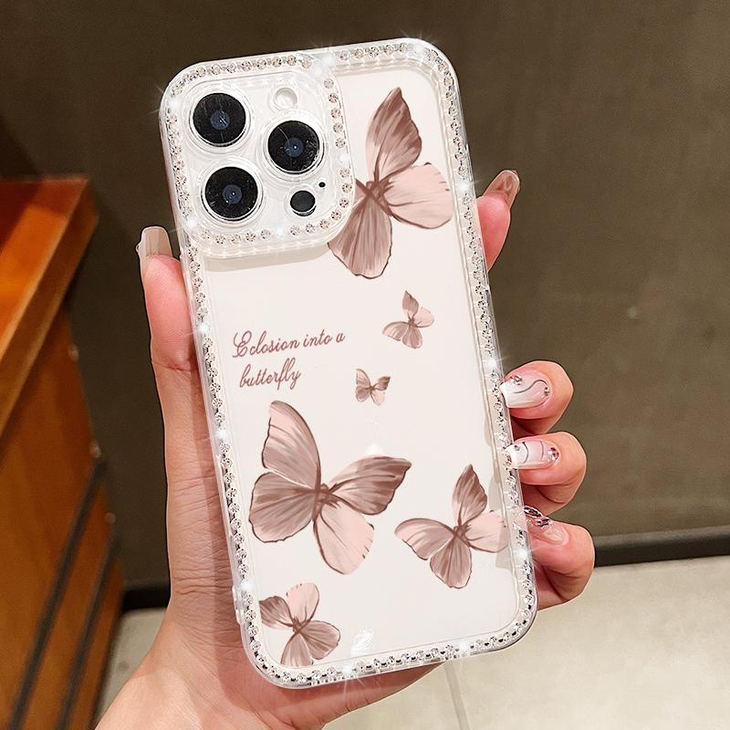 For iPhone 16 Pro 16E 15 Pro Max 14 13 12 11 Phone Case Diamond Frame Butterfly Print Clear Shockproof Soft Silicone Anti-Fall Bumper Cover