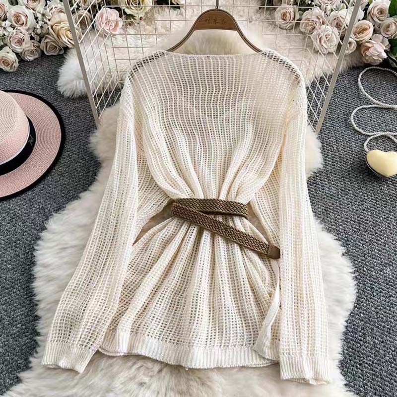 Sweater for Women Spring Summer Openwork Knit Sweater Solid Color Sun Protection Cover-Up Tops