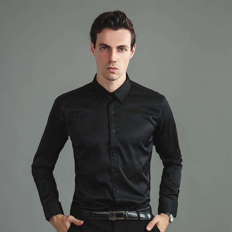 Men's Spring Autumn Long Sleeve T-shirt Solid Business Shirt Slim Fit Turn Down Collar Top