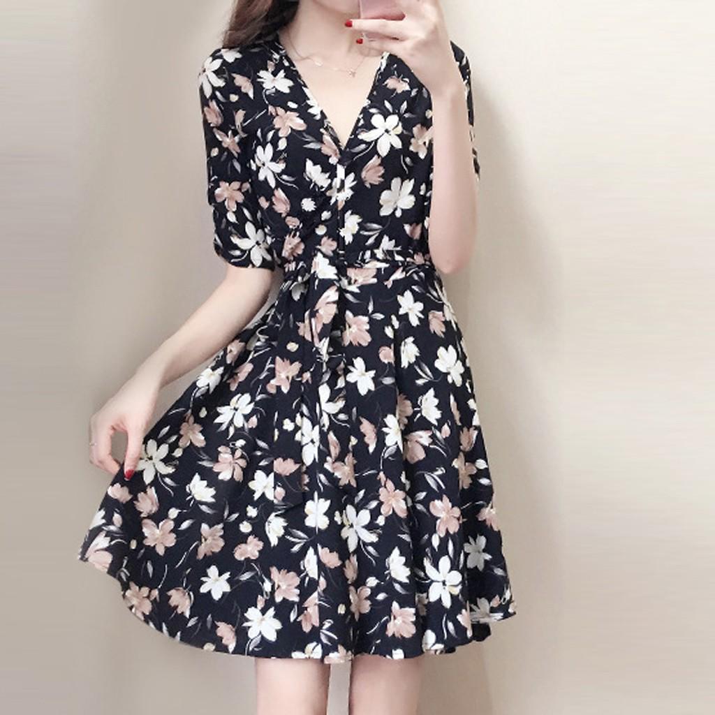 Fashion Women Sexy Knee Length Short Sleeve Printing V-Neck Summer Dress