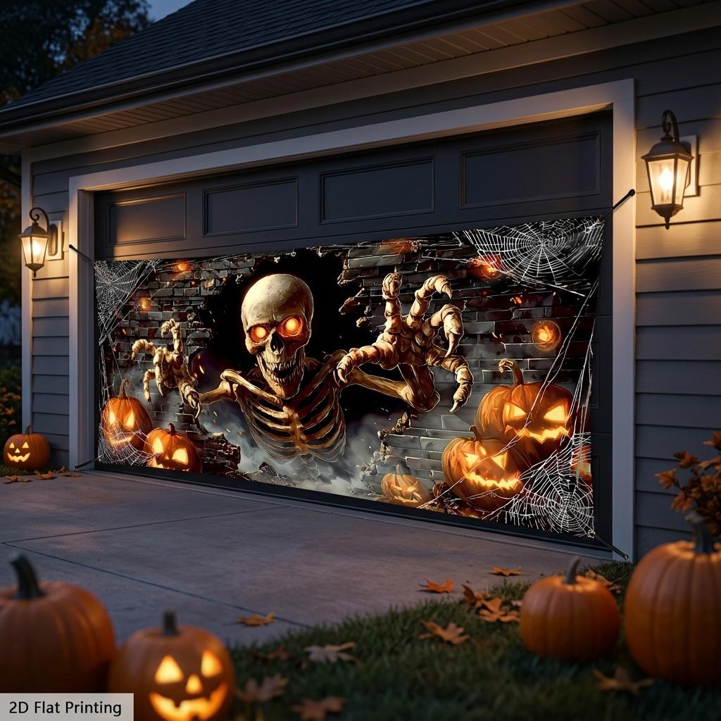 2D Flat Print 1pc QD_VIVIOS-Oversized-Halloween Skeleton Spooky Pumpkin Decor Polyester Multi Purpose Holiday Decor Yard Decor- 2D Flat