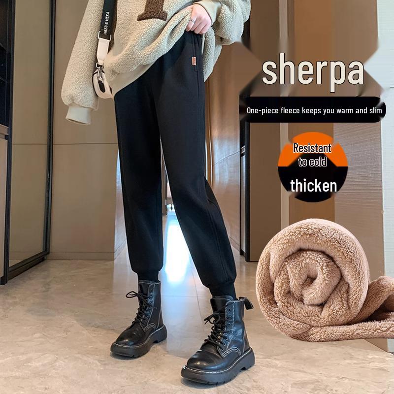 

Women s Winter Lambswool Cuffed Sweatpants - Thickened Petite Fleece-Lined Cotton Casual Pants L