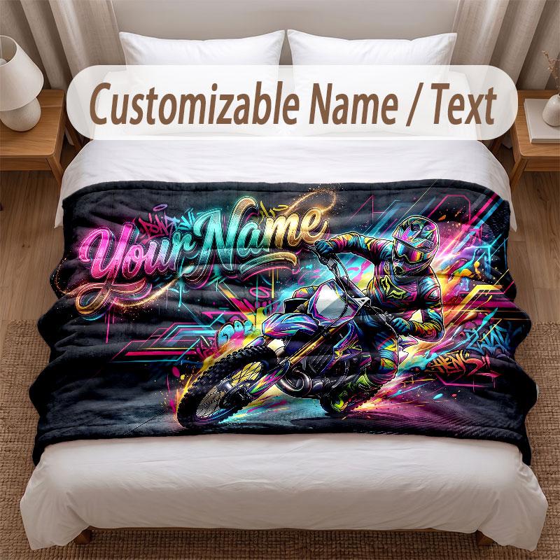 Motorcycle Biker Theme Soft Blanket Personalized Custom Name Text Print Warm Blanket Home Sofa Bedroom Decor