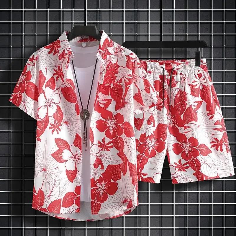 Modisches Herren Sommer Urlaubsstil Hawaiianische Kokosnuss Strand Aufdruck Lässiger Komfort Kurzarmhemd Strandshorts 2-teiliges Set