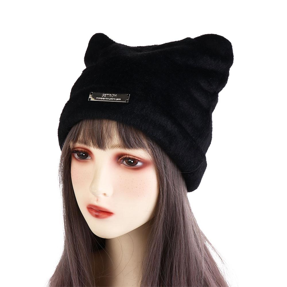 Letter Knitted Cap Bear Ears Winter Plush Hat Cute Cat Ears Hat Streetwear