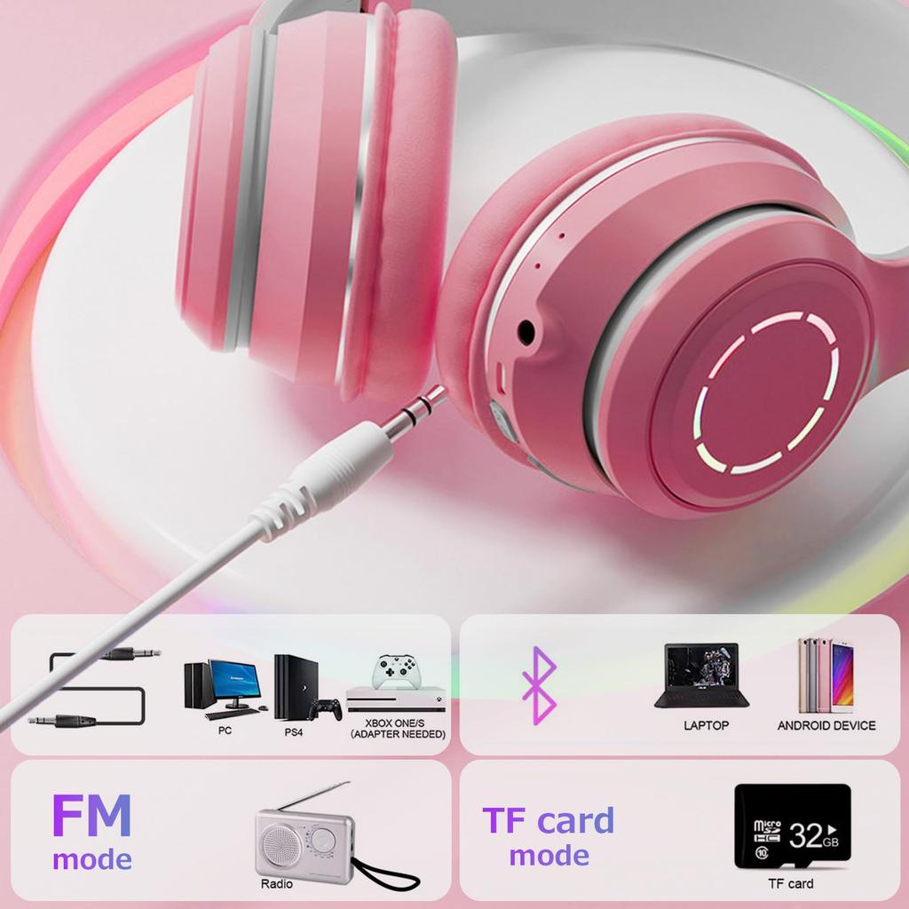 WANCHIY Cat Ear Gaming Bluetooth with LED Supports Compatible with Headphones, Over-Ear Headset, 5.1 Mic, Wireless, Dual-Use, Light, Retractable,