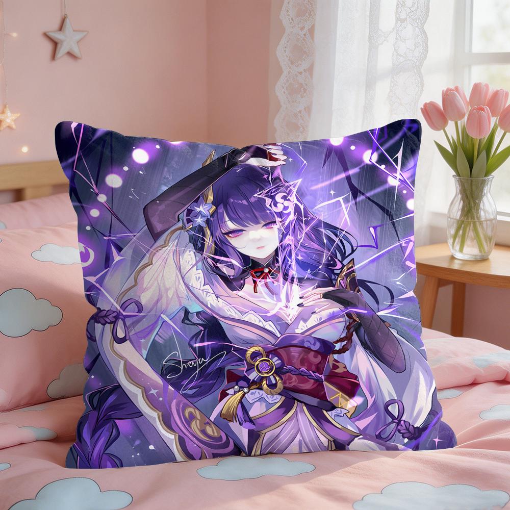 Raiden Shogun Genshin Impact Cushion Cover Square Short Plush Pillow Case Living Room Sofa Home Decor Funda X