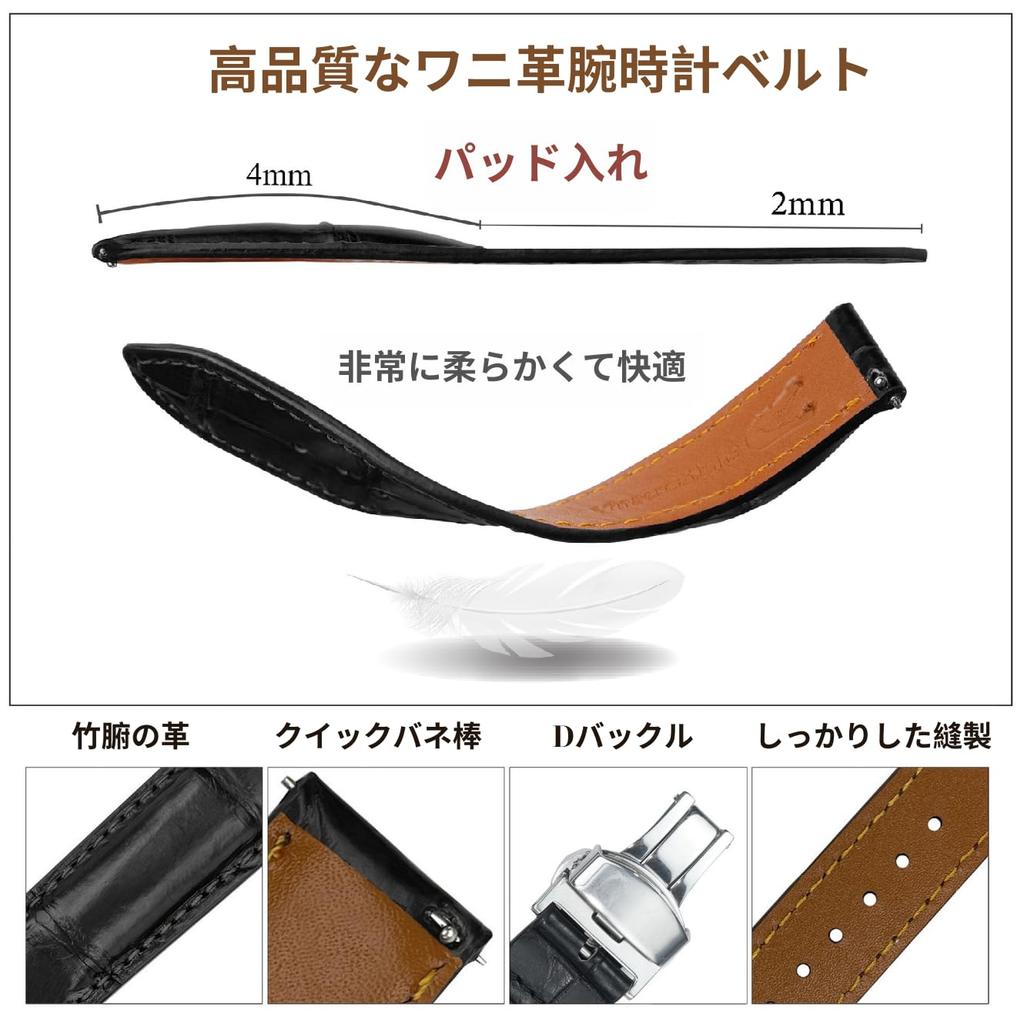 [vinacreations] 20mm Black Crocodile Watch Strap with D-Buckle, Men's Crocodile Replacement Watch Band with Quick Release Spring Bar, Silver Wristband