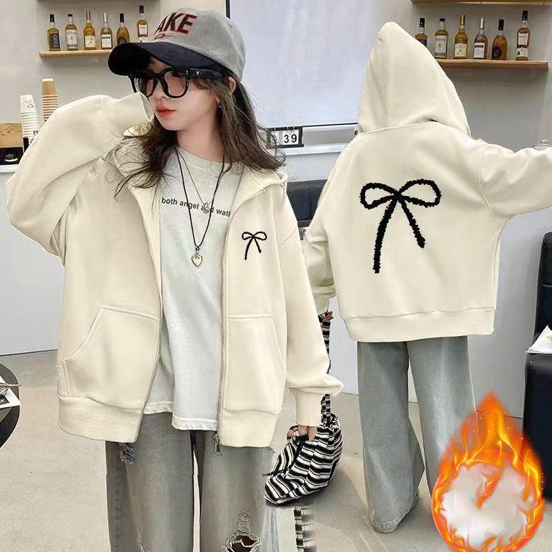 MILU Meisjes Casual Jassen Lente Sweatshirt Jassen Herfst Kinderen Strikprint Dunne Rits Bovenkleding Tiener Sportkleding 5-14 Jaar 160 lichte abrikozenkleur