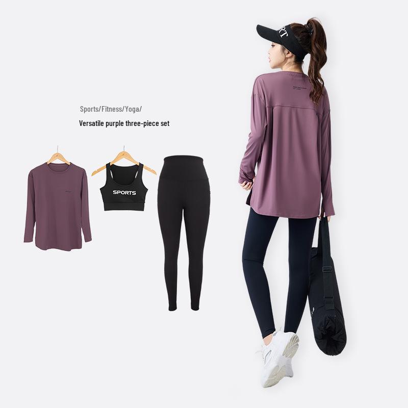 Women's 2026 Three-Piece Yoga Set: Loose Long Sleeve, Tapered Pants, Sporty Letter Vest Fitness Wear