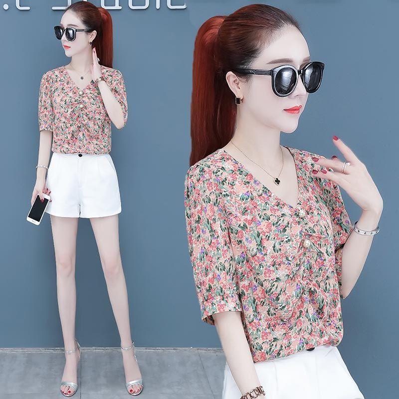 Floral Short Sleeve Chiffon Shirt for Women's Summer New Korean Version Top Loose V Neck Print Bottoming Blouse M-3XL