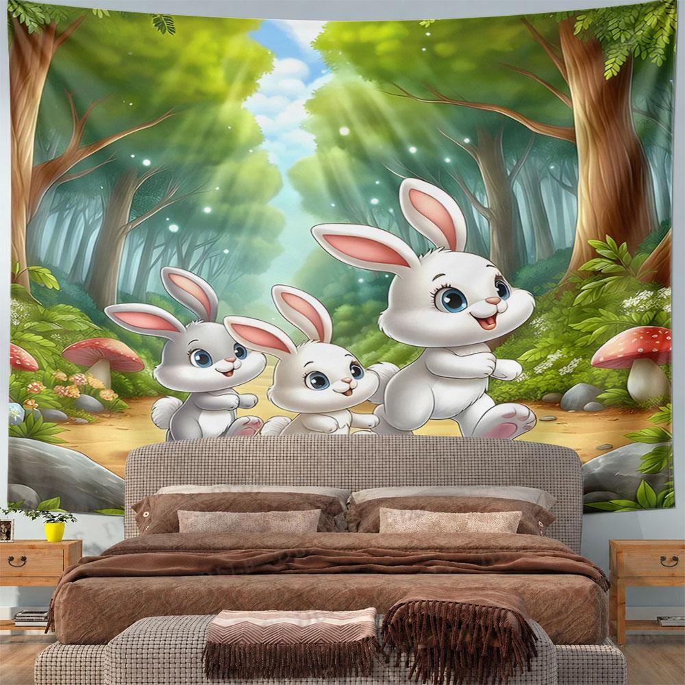 Joyful Bunny Family In Enchanted Forest Pattern Wall Hanging Tapestry Decorative Tapestry Home Decor for Bedroom and Living Room