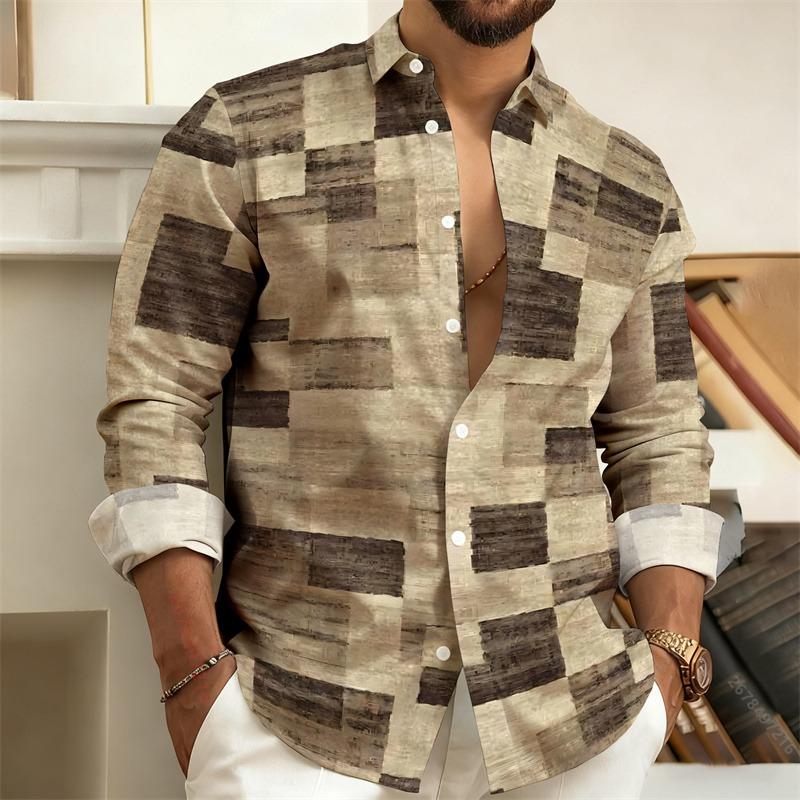 Men's 3D Printed Geometric Color-Blocked Long-Sleeved Shirt, Stylish Casual Slim-Fit Shirt, Outdoor Street Style Men's Top