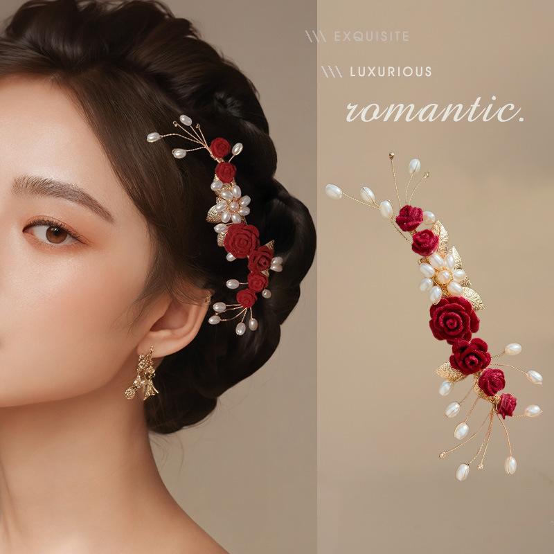 Vintage Silk Flower Hairpin For Girls Red Flower Pearl Hair Clip New Year Lucky Jewelry Hair Accessories Gift For Little Girls