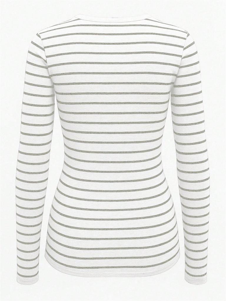 European & American Striped V-neck Long-sleeve Slimming T-shirt - Autumn/Winter Casual Korean Style