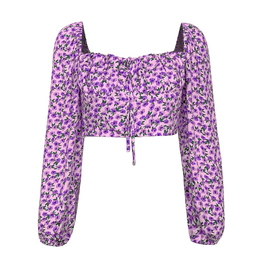 European and American women's floral shirt women's summer retro square collar top one-word collar shirt one-word shoulder top women