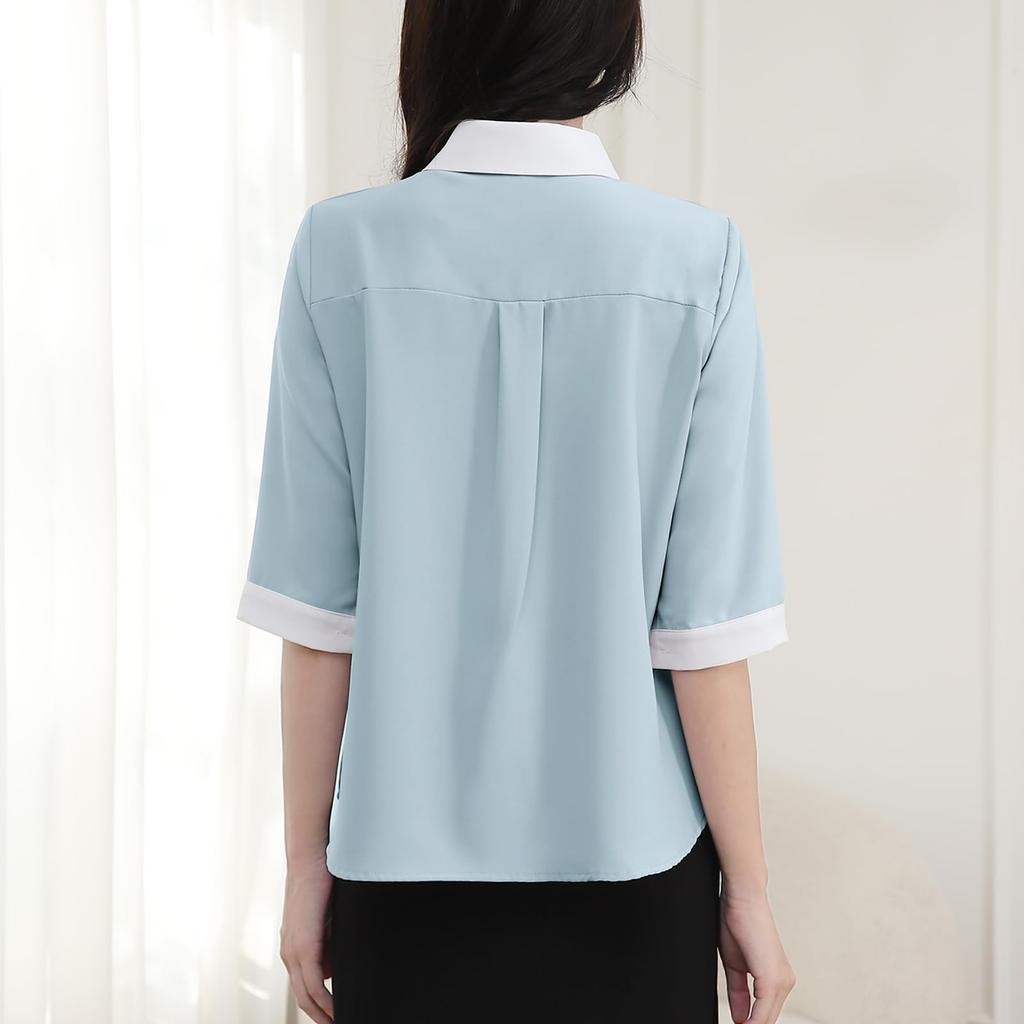 Shirt Blouse for Short Body Going Dress Summer [Yino] Women, Sleeve, Bicolor, Collared, Smooth, Covering, Slimming, Simple, Neat, Stylish, Commuting,