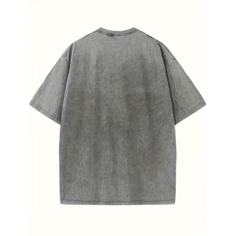 European Size Abstract Face Print Summer Trendy Oversized Shoulder Sleeve Extra Large Vintage Distressed Pure Washed Craft Round Neck T Shirt