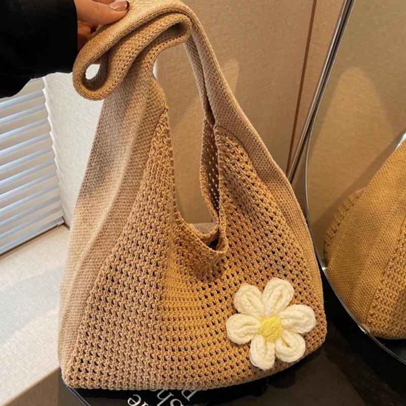 One Shoulder Woven Bag, New Vacation Casual Beach Bag, Crochet Woven Tote Handbag, Back To School Student Project Bag