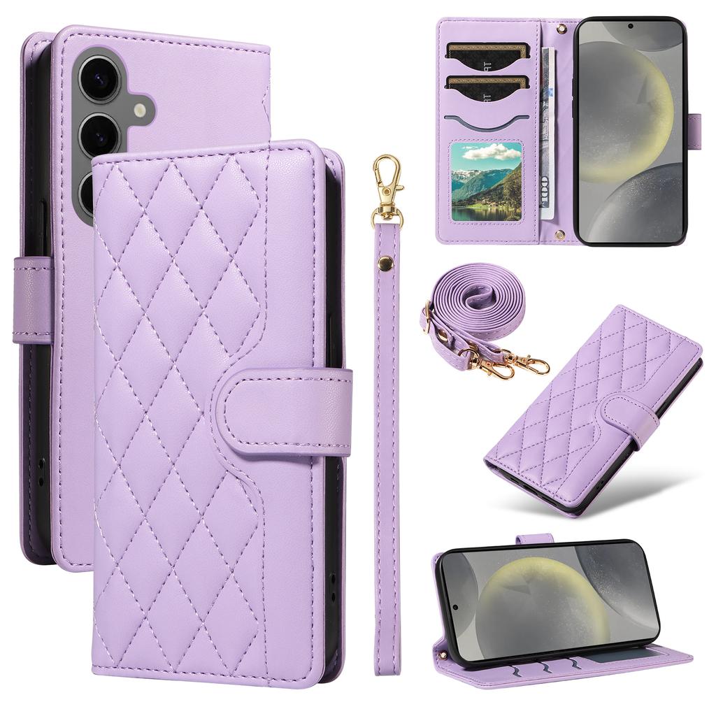 For Samsung Galaxy S25/S24 Case Wallet Rhombus Leather Phone Cover with Shoulder Strap,Wrist Strap