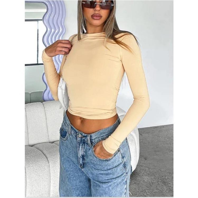 Women Slim Fit Long Sleeve Crop Top Casual Solid Color Basic Tee Streetwear Pullover Shirts for Spring Autumn Fashion