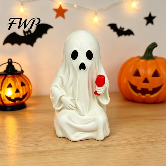 Ghost Decor for Halloween 3D Printed Figurine with Wine Glass, Funny Desktop Exquisite PLA Resin Crafts Statue, Novelty Tabletop Ornament Party Prank