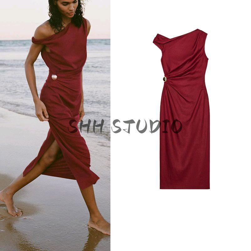 Spring and Summer Women's Clothing Gold Inlaid Boat Neck Sleeveless Linen Blend Ruched Midi Skirt Dress 2840709