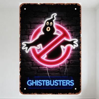 Vintage Ghostbusters Neon Logo Metal Tin Sign, Retro Brick Wall Background Ghostbuster Neon Light Plaque for Man Cave Bar Cafe H