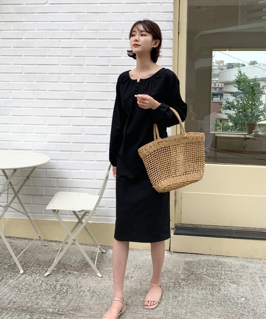 Ppaeppae Button-Detail Shirred Puff Long Dress