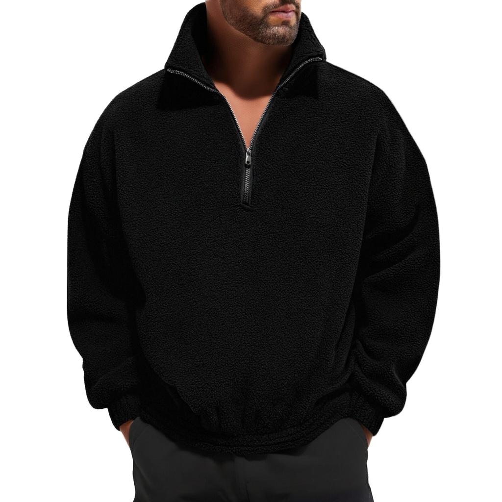 Men's Casual, Trendy, Retro Solid Color Half-pull Long-sleeved High-neck Top, Men's Thickened Warm Lambskin Sweatshirt