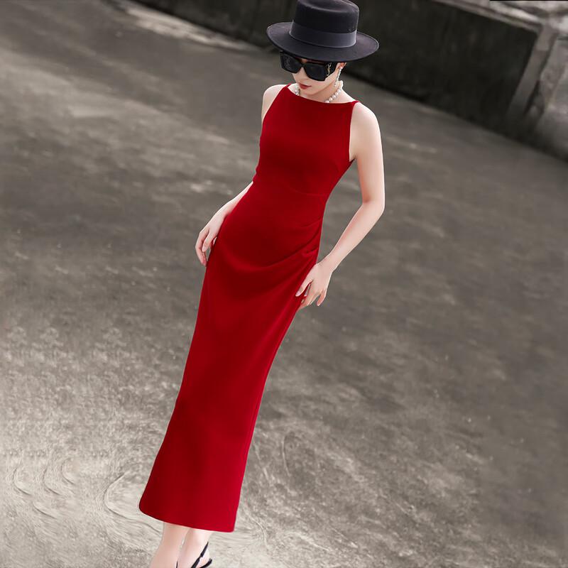 Lan Se Er French Retro Off-Shoulder Pleated Sling Midi Dress XL красный