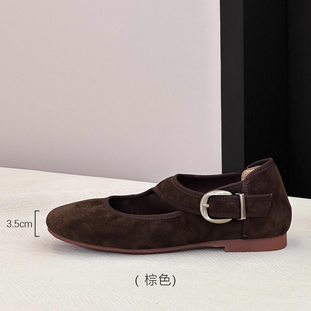 Korean Version Round Head Light Mouth Shoes Suede Ballet Shoes Spring Buckle Belt Mary Jane Flat Bottom Evening Shoes Ladyshoes 26-5