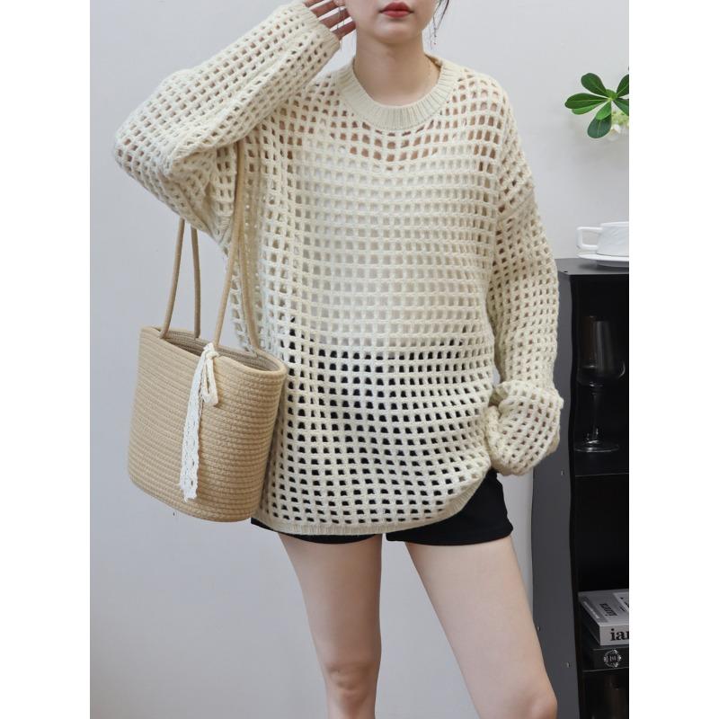 Hollow Thin Knitted Sweater Top Early Autumn New Loose and Thin Lazy Wind Sweater Pullover Woman
