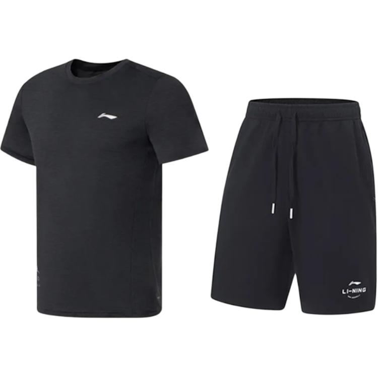 

Li-Ning Однотонная футболка с коротким рукавом и круглым вырезом, простая, быстросохнущая, влагоотводящая, удобные шорты, повседневный спортивный костюм ATSS069-1+AKST543-3 S