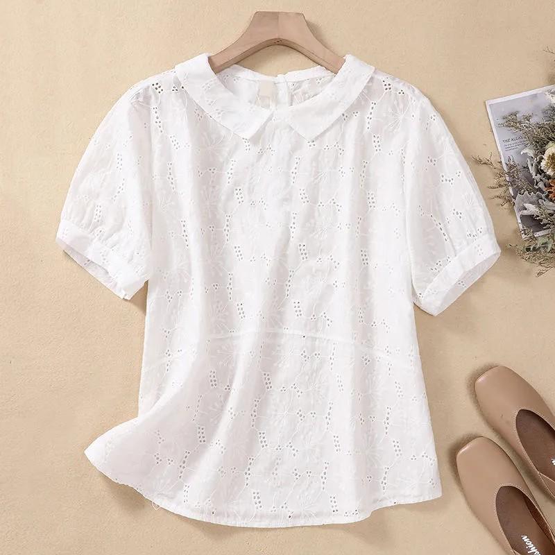 Women's Summer Literary Retro Short-sleeved T Shirt Solid Color Loose Casual Tops