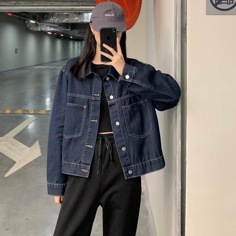 Women's Dark Blue Denim Jacket - Workwear Style, Autumn Korean Fashion, Casual Pocket Design, Slim Fit.