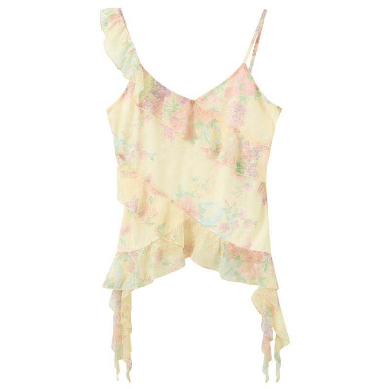 Women s Slim Fit Ruffled Floral Print Camisole Top S