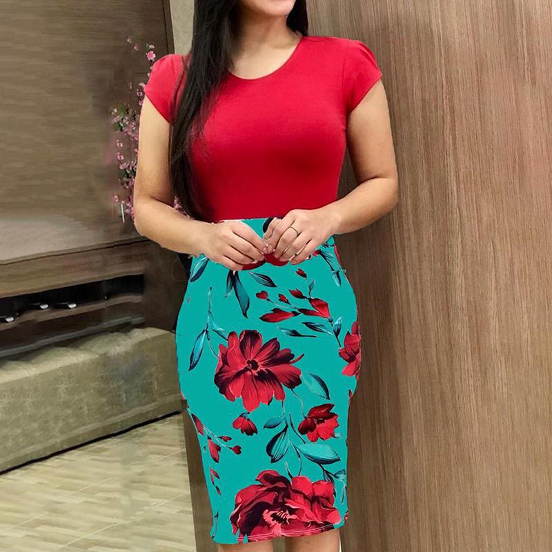 

Женское платье с коротким рукавом, облегающее платье с цветочным принтом и цветочным узором, женская одежда больших размеров 2XL