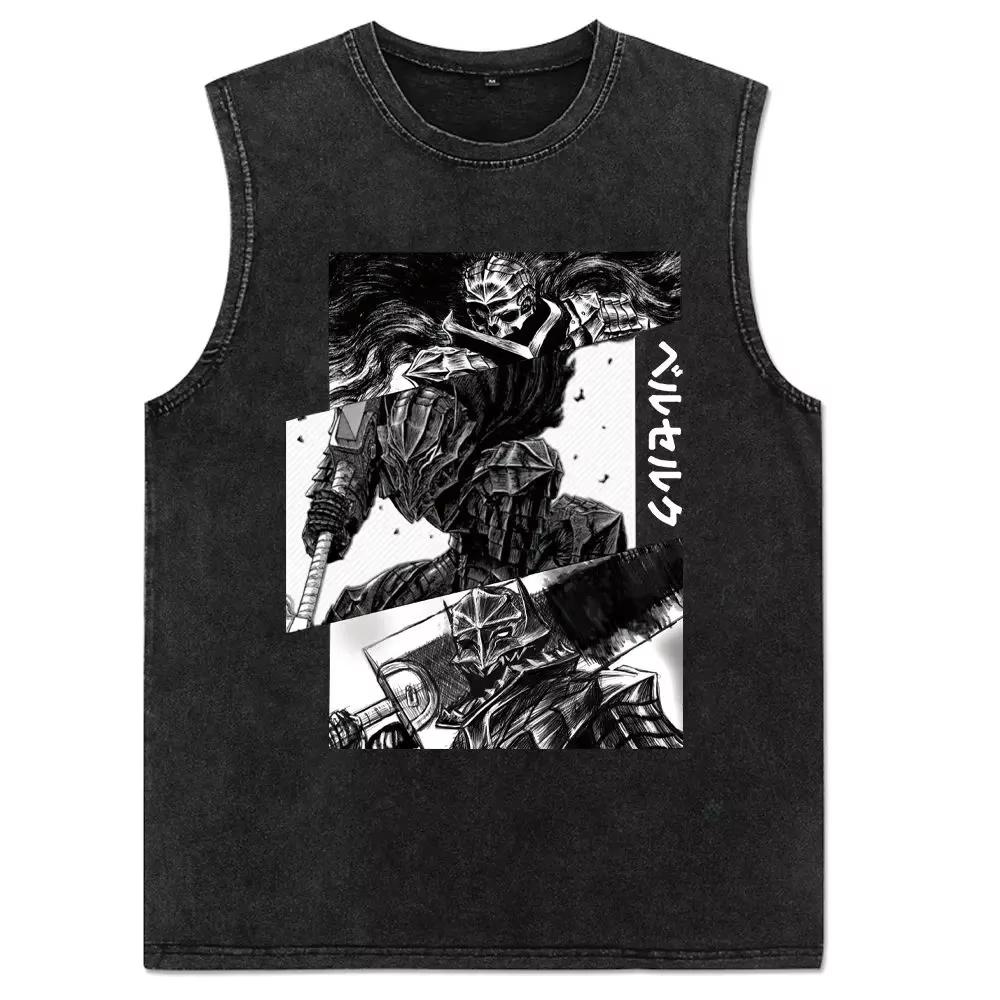 Vintage Washed Cotton Sleeveless Vest Harajuku Anime Print Loose Fit Streetwear Summer Men's Women's Tank Top