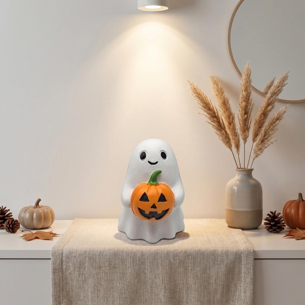 Resin Ghost Holding Pumpkin Figurine Halloween Tabletop Decoration for Home Office Party Indoor Outdoor Display
