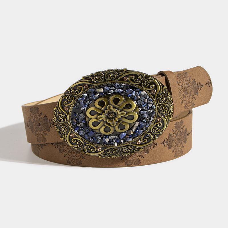 "European and American Women's Retro Turquoise Embossed Belt - Western Style Fashion Accessory"
