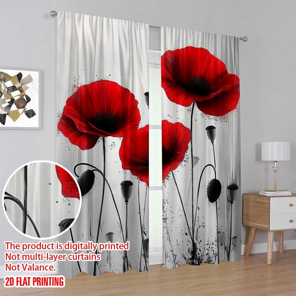 2 Stück, 2D-Flachdruck Vorhangstoff Mohn-Trio Polyestergewebe (ohne Stange) Außendekorationen Perfekt für Wohnzimmer,