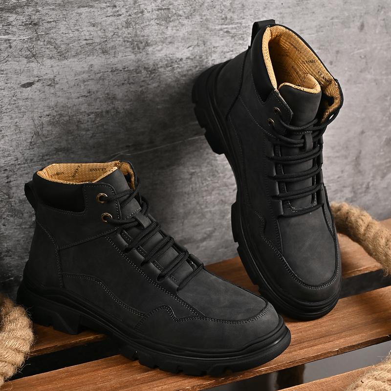 Men Gray Coffee Large Size Large Size Leather Work Boots Lace Up Rugged Utility Shoes Outdoor Walking Autumn Travel Footwear