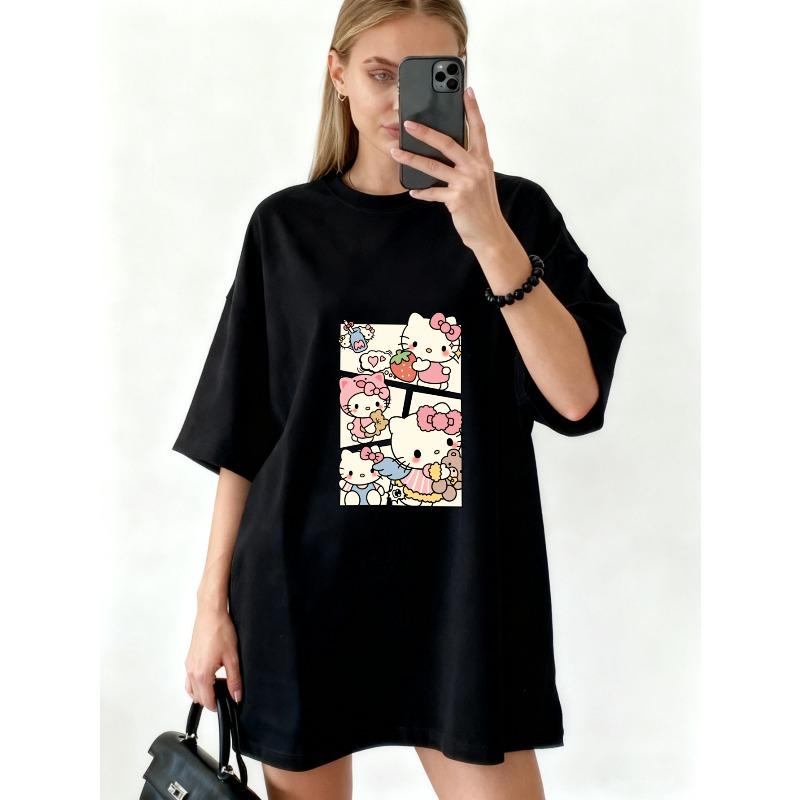 Oversized T Shirt Dress Black Hello Kitty Print Casual Streetwear Fashion For Women